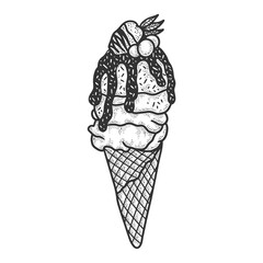 ice cream sketch engraving vector illustration. T-shirt apparel print design. Scratch board imitation. Black and white hand drawn image.