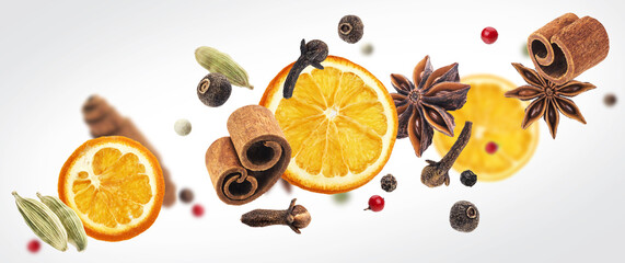 Aromatic spices collection, igredients for mulled wine isolated on white background