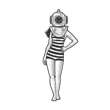 Girl in old diver helmet sketch engraving vector illustration. T-shirt apparel print design. Scratch board imitation. Black and white hand drawn image.
