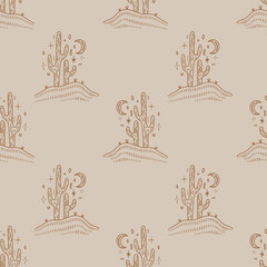 Materiał do szycia Desert cactus. Navajo ethnic concept. Harmony and zen. Crescent moon and cacti. Vector seamless pattern.