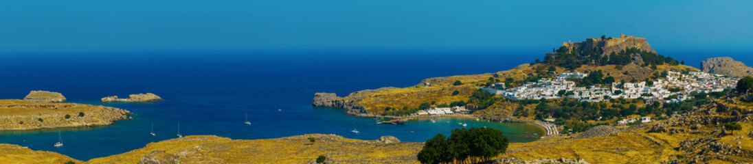 Fototapeta na wymiar View at Lindou Bay from Lindos Rhodes island, Greece.