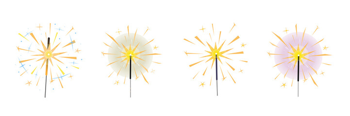 Burning sparklers set isolated on white. Bright yellow indian fireworks with sparks and glow. Elements for design banner, flyer, card, background for party, birthday, celebration. Vector illustration.