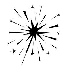 Black burning sparkler silhouette isolated on white. Indian firework with sparks and glow. Monochrome element for design banner, flyer, card, background for party, birthday, celebration. Vector.