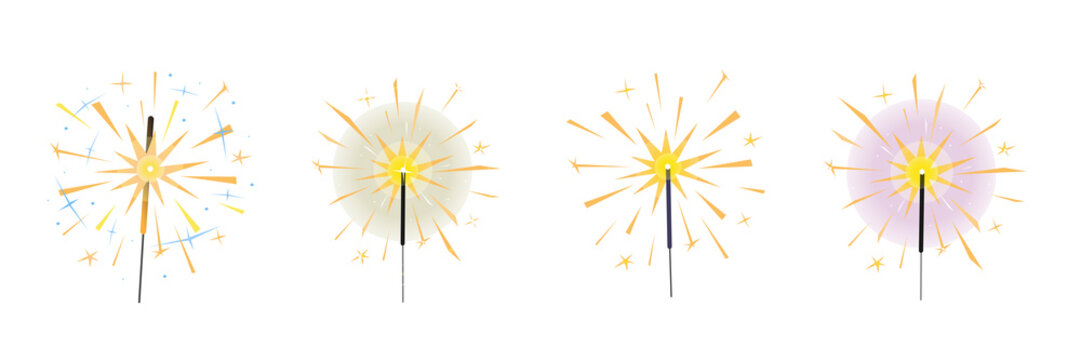 Burning sparklers set isolated on white. Bright yellow indian fireworks with sparks and glow. Elements for design banner, flyer, card, background for party, birthday, celebration. Vector illustration.