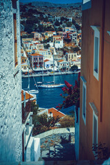 Panoramic view of the picturesque village and port Gialos on the Greek island of Symi, Dodecanese, Greece