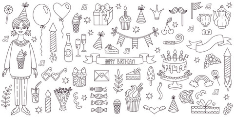 Birthday doodle line black and white icons collection