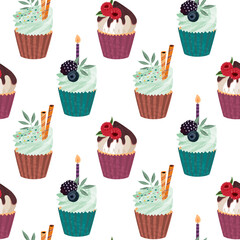 Vector seamless pattern with delicious cupcakes and sprinkles muffins with berries