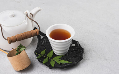 space tea cup with teapot food background
