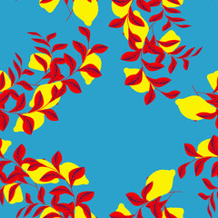 lemon wreath with red leaf branch isolated on blue background seamless vector pattern