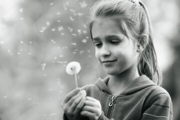 Little beautiful girl holds spring dandelion in her hand. Summer fun, sweet girl dandelion on the meadow, black and white portrait