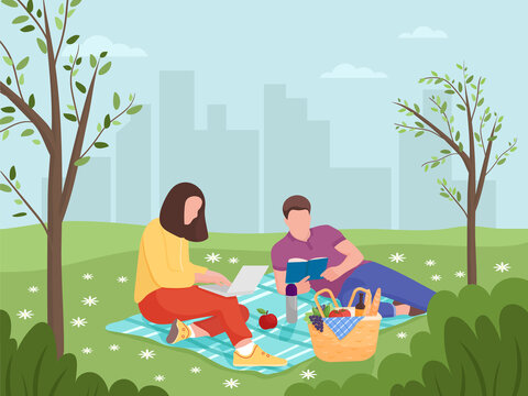 Young Man And Woman Are Resting In Nature. Rest And Work At A Picnic. Reading A Book At A Picnic.Cartoon Vector Illustration.