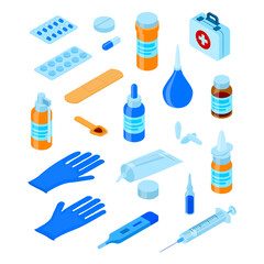 Medical Equipment and Pharmacy Icon Set 3d Isometric View. Vector