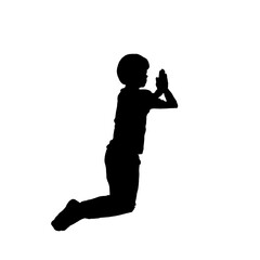 Silhouette schwarzweiß Junge Christ Gebet beten, barfuß hinhocken, knien Religion religiös, Gott Tradition Meditation Hingabe Andacht Bitten Abendgebet, Gebet, christlich, konzentriert, Christentum 