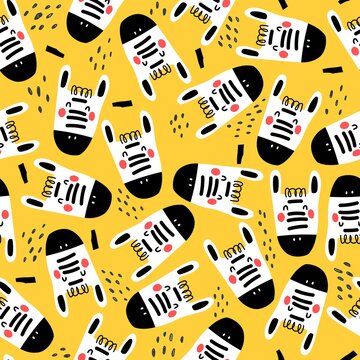 Seamless pattern with cartoon zebras, decor elements on a neutral background. colorful vector for kids.Animals. hand drawing, flat style. baby design for fabric, print, textile, wrapper