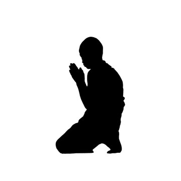Silhouette schwarzweiß Junge Buddhist Mönch Novize Gebet beten, barfuß hinhocken, knien Religion religiös, Gott Tradition Meditation Hingabe Andacht Bitten Erziehung konzentriert asiatisch, Asien