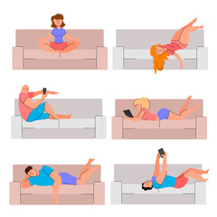 Cartoon Color Characters People on Couch Concept. Vector