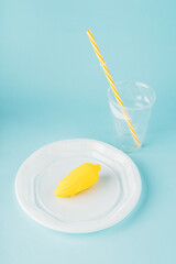 Social content. Plastic food in disposable dishes on a blue background.