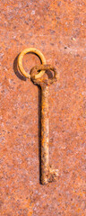One old rusty keys on ring shot on steel textured background. Copy space.