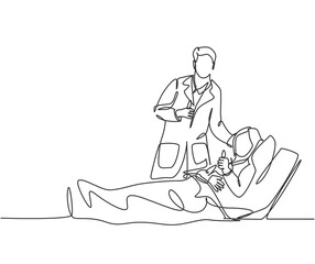 Fototapeta na wymiar One line drawing of young happy doctor visiting patient who are lying weak on the bed and giving thumbs up gesture. Medical healthcare service concept. Continuous line draw design vector illustration