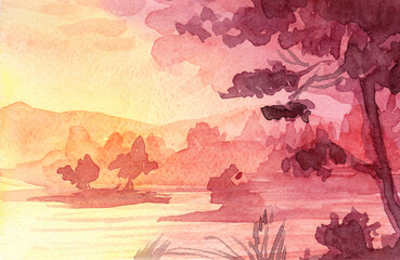 Watercolor landscape with lake and sunset. For the design of cards, invitations, banners.