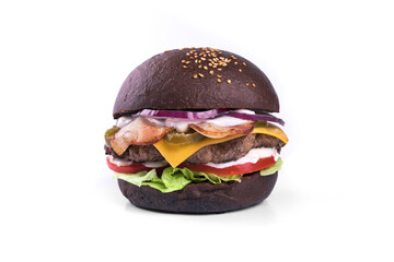 Black burger, gamburger isolated on white background. Restaurant dish. Tasty Gamburger with bacon, beef meat, cheese, tomato, salad, onion, jalapenos