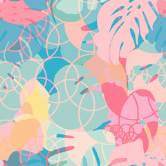 Fototapeta premium Tropical leaves and circles vector seamless pattern. Hand drawn palm leaves and simple geometric background design for textile, web, wallpaper and wrapping paper.