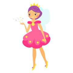 Cute fairy. Cartoon flower fairy princess. Pixie, elf girl with blue hair