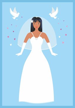Say yes to the dress. Beautiful bride with Cinderella inspiration. Pigeons and hearts. Cocpt with different looking people. Vector illustration. EPS10.