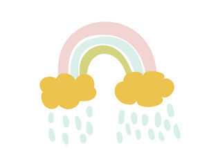 Vector rainbow with clouds and rain in cartoon scandinavian style isolated on white background for kids. Cute illustration in hand drawn style for posters, prints, cards, fabric, children books
