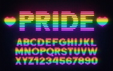 Neon rainbow font on a dark background. Bright glowing alphabet painted in the colors of the LGBT community .