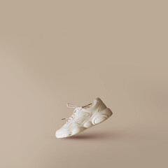 Trendy one female sneaker of light color flying on a beige background. Stylish fashionable...