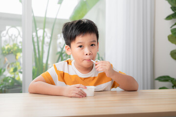 Little boy with yogurt in living room © makistock