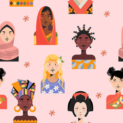 Fototapeta na wymiar Seamless pattern on a light pink background. Portraits of women of different races and nationalities.