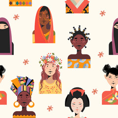 Seamless pattern on a light background. Portraits of women of different races and nationalities.