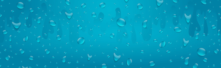 Water drops banner background. Rainfall over colorful glass surface. Blue color drink beverage concept. 3d realistic vector illustration.