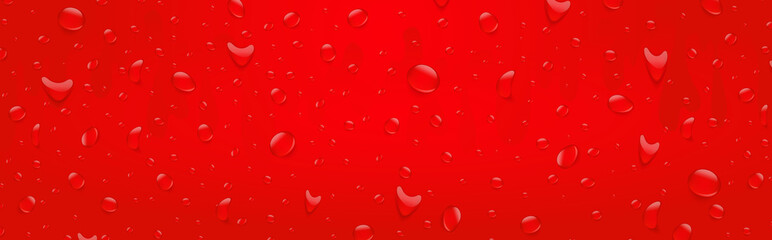 Water drops banner background. Rainfall over colorful glass surface. Red color drink beverage concept. 3d realistic vector illustration.