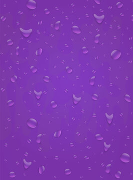 Water drops background. Purple color drink beverage concept. 3d realistic vector illustration poster.