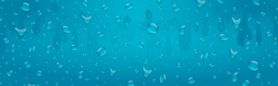 Water drops banner background. Rainfall over colorful glass surface. Blue color drink beverage concept. 3d realistic vector illustration.