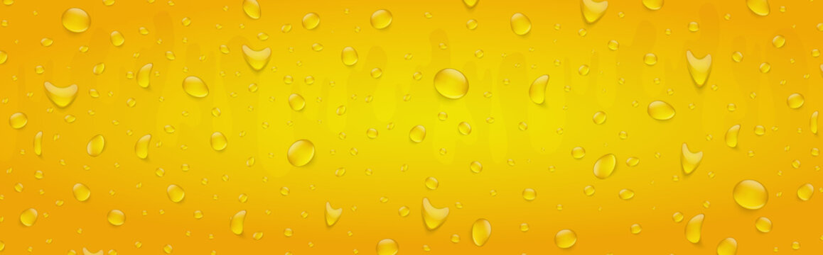 Water drops banner background. Rainfall over colorful glass surface. Orange color drink beverage concept. 3d realistic vector illustration.