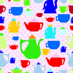Seamless pattern with tea pots and tea cups.