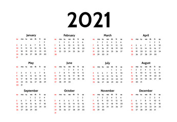 Calendar for 2021 isolated on a white background