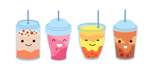 Boba tea. Healthy refresh bubble milk drink. Trendy cold asian juice, cute cartoon milkshake. Isolated various smoothie vector illustration. Boba healthy drink, sweet beverage, ice tea with bubble