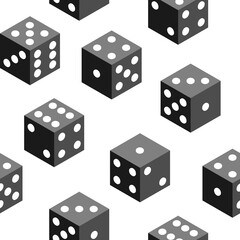 Isometric dices seamless pattern. Repetitive vector illustration on transparent background.