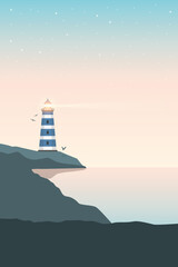 blue lighthouse by the ocean landscape at night vector illustration EPS10