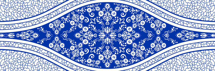 Majolica pottery tile, blue and white azulejo, original traditional Portuguese and Spain decor. Seamless border with Victorian motives. Vector illustration.