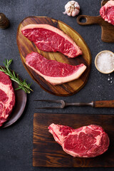 Variety of fresh Black Angus Prime raw beef steakes