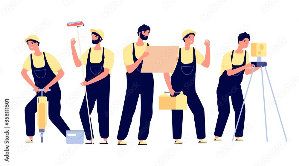 Canvas Prints Construction team. Engineer builder character. Isolated smiling colleagues, cartoon worker. Professional industrial employee vector set. Illustration construction professional worker, builder team