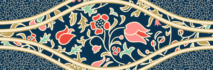 Seamless abstract colorful patchwork pattern from flowers in folk style. Vintage decorative elements. Hand drawn background in retro colors. Seamless border with Victorian motives. Vector illustration