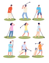 Fototapeta na wymiar Golf playing. Cartoon fun golfing players, sport time. Isolated golfers in uniform sporting outfits. Flat men women recreation vector set. Golf competition, playing and sport recreation illustration