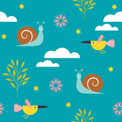 Seamless kids pattern, vector illustration, textile design, fabric pattern. Cute snail and bird on a blue background.